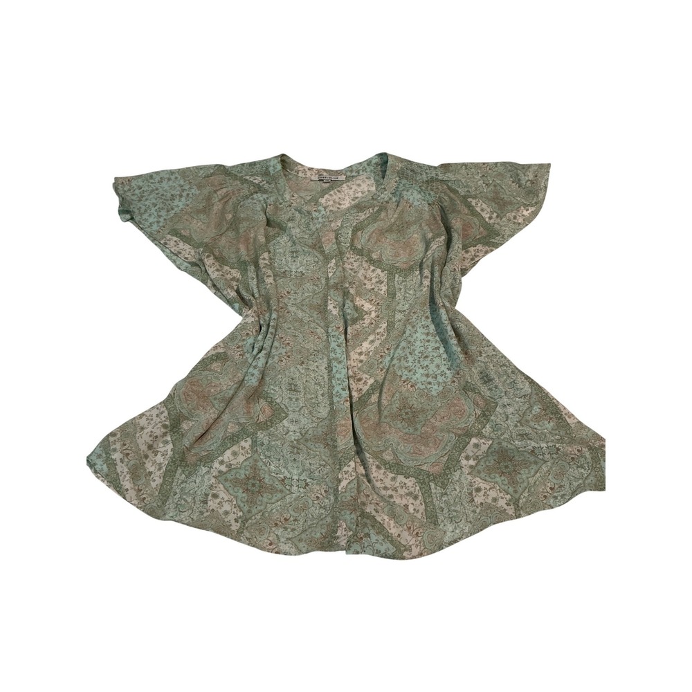 Rose + Olive Blouse Womens‎ 1X Green Paisley Excellent Smocked Flutter Sleeve